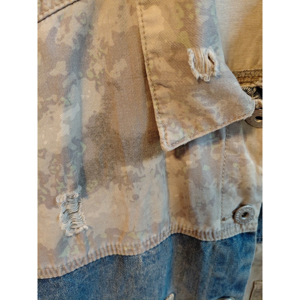 POL Denim Jacket Women Size L Distressed Colorblock Patchwork Blue Tan - Picture 4 of 7